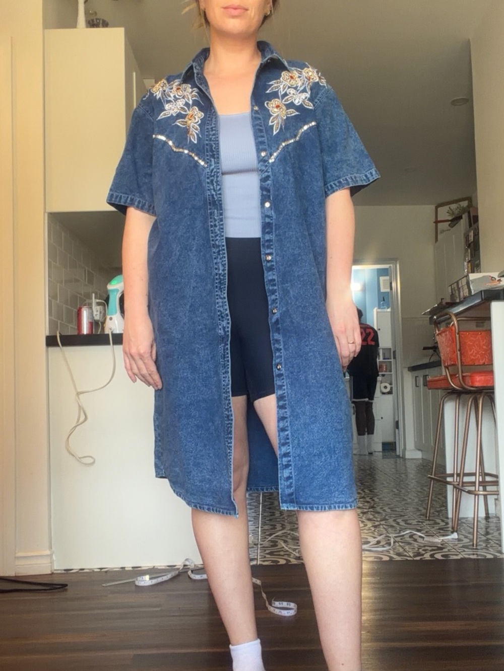 Vintage Dolly Denim Dark Blue Embroidered Denim Midi Dress - Picture 13 of 14